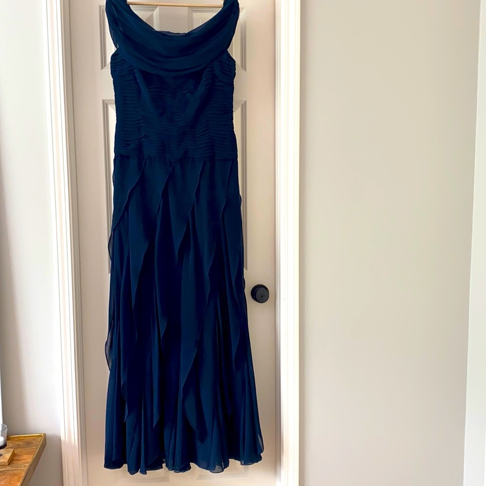 A-k-r-i-s sheer navy blue evening gown